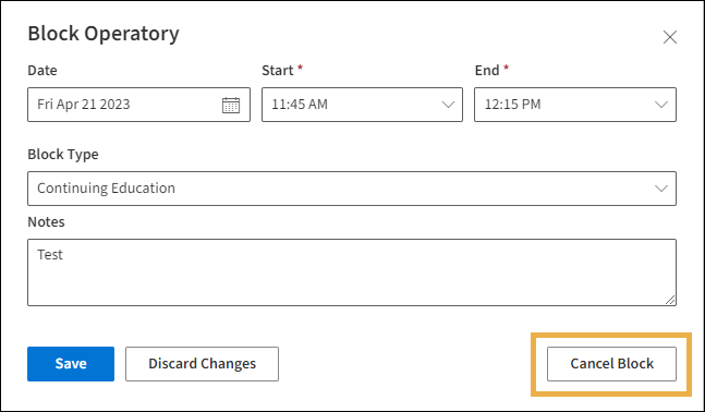 Block Operatory window with yellow highlight box around Cancel Block button.